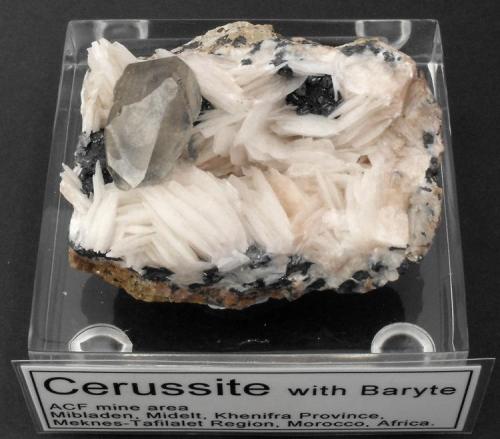 Cerussite with Baryte on Hematite
ACF mine area, Mibladen, Midelt, Khenifra Province, Meknes-Tafilalet Region, Morocco, Africa.
7 x 5 x 4 cm; 200 gram (Author: Louis Friend)
