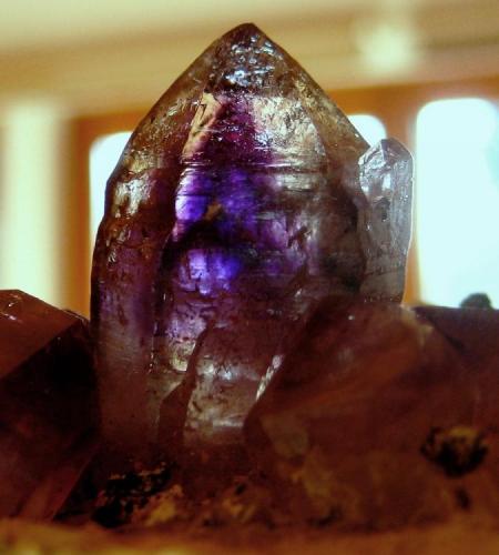 Amethyst
Brandberg, Erongo Region, Namibia
Main crystal (height 25 mm)

Additional picture to show the sharp-edged zoning of the main crystal in back light. (Author: Tobi)