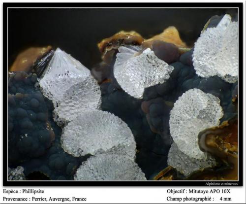 Phillipsite
Perrier, Issoire, Auvergne, France
fov 5 mm (Author: ploum)
