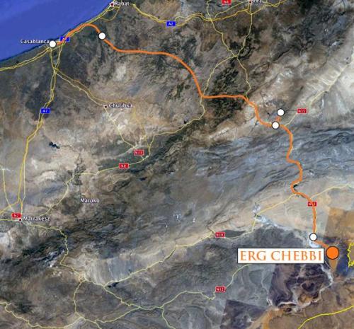 Nuestro próximo destino: las dunas gigantes de Erg Chebbi. 
Google Maps. (Autor: Josele)