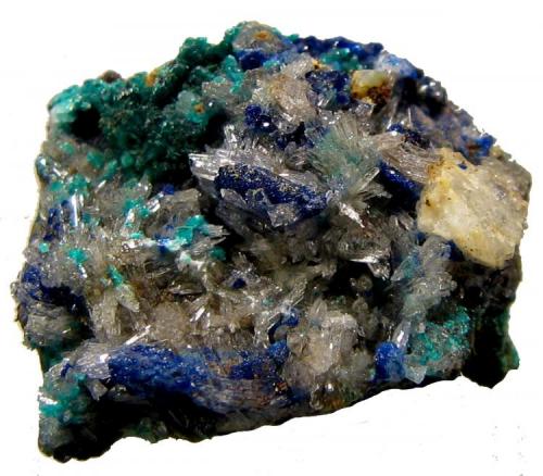 Aragonito
Mina La Amorosa, Villahermosa del Río, Castellón, Comunidad Valenciana, España
13 x 10 x 4 mm.
Cristales mm con azurita (Autor: José Luis Zamora)