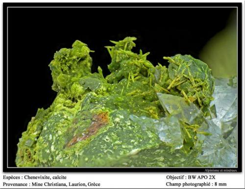 Chenevixite, calcite
Christiana mine, Laurion, Attika, Greece
fov 8 mm (Author: ploum)