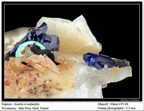 Azurite and malachite
Mas Dieu, Gard, France
fov 5,5 mm (Author: ploum)