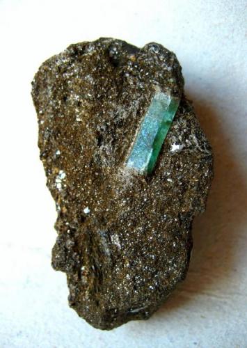 Beryl var. Emerald in mica schist
Leckbachrinne, Habach Valley, Salzburg, Austria
13 mm crystal on a 50 mm specimen (Author: Tobi)