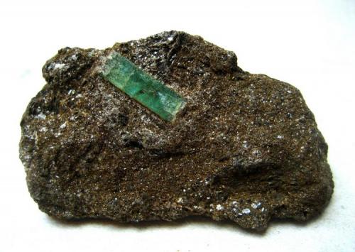 Beryl var. Emerald in mica schist
Leckbachrinne, Habach Valley, Salzburg, Austria
13 mm crystal on a 50 mm specimen (Author: Tobi)