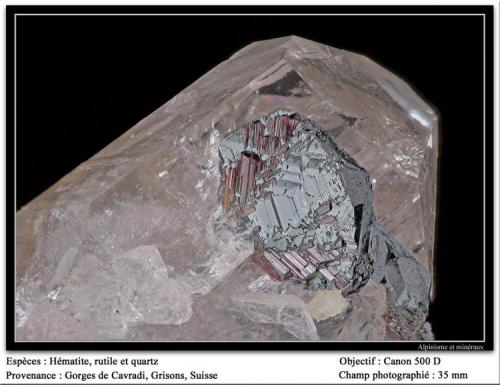 Hematite, rutile, quartz
Cavradi, Grisons, Switzerland
fov 35 mm (Author: ploum)