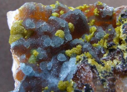Plumbogummite, Mimetite, Quartz, Limonite and  Manganese Oxides
Dry Ghyll, Caldbeck Fells, Cumbria.
FOV approx 20 x 20 mm (Author: nurbo)