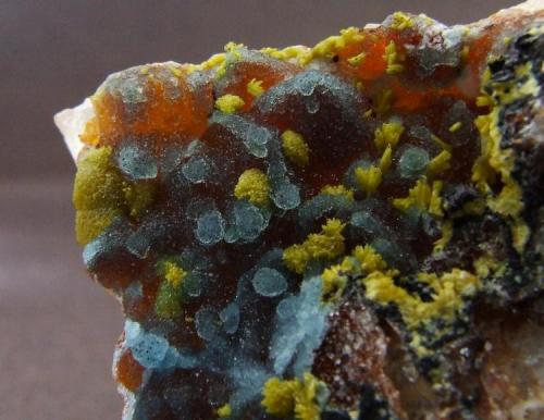 Plumbogummite, Mimetite, Quartz, Limonite and  Manganese Oxides
Dry Ghyll, Caldbeck Fells, Cumbria.
FOV approx  20 x 20 mm (Author: nurbo)