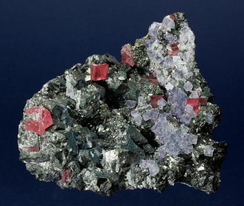 Tetrahedrite with Rhodochrosite, Fluorite, Quartz and minor Galena and Pyrite
Sweet Home Mine, Alma District, Buckskin Gulch, Park County, Colorado, USA
104 x 80 x 57 mm

Another view. 

Tetrahedrites with a bluish irridescence, accented by nearly transparent, cherry-red Rhodochrosites to 6 mm, and light purple cubes of Fluorite to 4 mm.  Clear needles of Quartz to 7 mm are also present.  Much of the dark matrix is comprised of 1 to 2 mm Galena and Pyrite crystals.  No damage. (Author: GneissWare)
