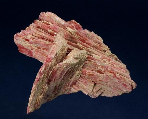 Rhodonite with Tremolite
Chaobuleng Mine, Dongwu Qí, Xilinguole, Inner Mongolia A. R., China
130.0 x 68.0 x 58.0 mm
Lustrous, flattened blades of Rhodonite form a large subparallel, seemingly doubly-terminated group measuring 130 x 55 x 36 mm, accompanied by a similar perpendicular group that is cleaved on the base. The Rhodonite is mostly opaque and light-pink colored, with portions that are gemmy and cherry-red. Although there is some damage, it is masked by the ragged crystal terminations. (Author: GneissWare)