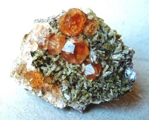Grossular, diopside (?)
Jeffrey mine (Jeffrey quarry), Asbestos, Québec, Canada
Specimen width 40 mm, central crystal 7 mm (Author: Tobi)