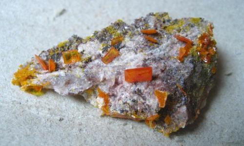 Wulfenite
Rowley Mine, Painted Rock Mts, Maricopa Co., Arizona, USA
Specimen width 45 mm, largest crystal 5mm (Author: Tobi)