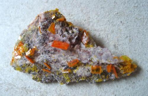 Wulfenite
Rowley Mine, Painted Rock Mts, Maricopa Co., Arizona, USA
Specimen width 45 mm, largest crystal 5mm (Author: Tobi)