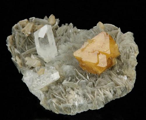Scheelite and Quartz
Mt. Xuebaoding, Pingwu County,  Mianyang Prefecture, Sichuan Province, China

62 x 58 x 48 mm

This well-balanced specimen hosts a lustrous, translucent yellowish-orange Scheelite crystal to 22 mm perched on a Muscovite matrix, and accompanied by a water-clear Quartz measuring 25 x 10 x 9 mm.  Several other clear Quartz crystals and several light-cream-colored, translucent feldspar crystals to 7 mm provide additional interest.  The edge of the Scheelite has several transparent Fluorite cubes intergrown along it.  Only one very tiny chip is present on the Quartz termination. (Author: GneissWare)
