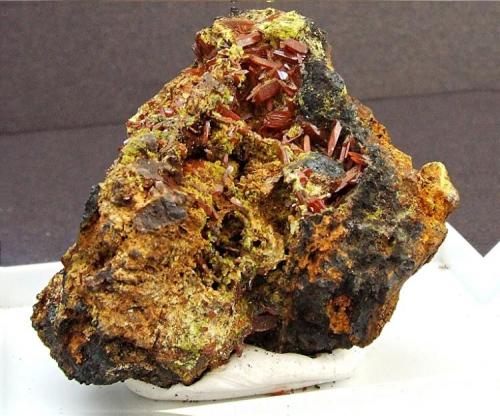 Crocoite and Pyromorphite
Platts Prospect, Zeehan District, Dundas Tasmania
35 x 40 mm (Author: nurbo)