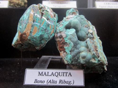 Malaquita.
Bono, Alta Ribagorza, Lleida, Catalunya, España.
Museo Geológico Valentí Masachs, Manresa. (Autor: Angel87)