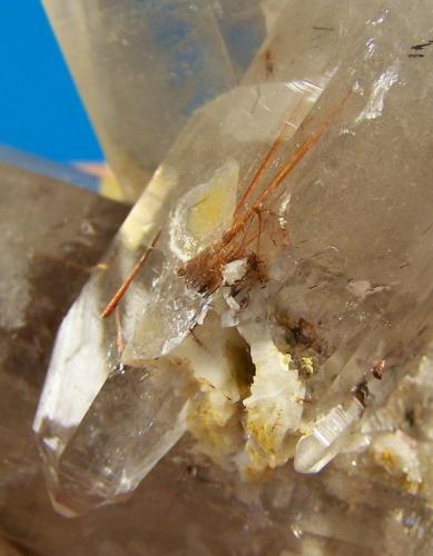 Quartz; Rutile; Feldspar
Van Rhynsdorp, Western Cape, South Africa
147 x 68 x 36 mm
Same as above.  Close up showing Rutile inclusions in quartz. (Author: Pierre Joubert)