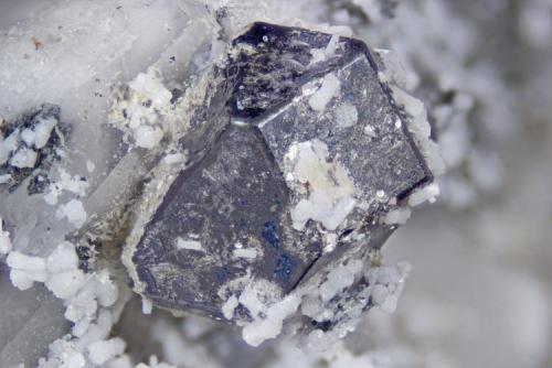 Galena
Poudrette quarry (Demix quarry; Uni-Mix quarry; Desourdy quarry; Carrière Mont Saint-Hilaire), Mont Saint-Hilaire, Rouville RCM, Montérégie, Québec, Canada
FOV=3.5mm
The white crystals on the galena are gonnardite (Author: Doug)