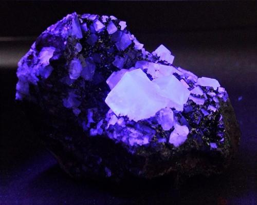 Fluorite on Oxidised Siderite in LW UV
West End Hushes, Pike Law mines, Newbiggin, Teesdale, Co Durham, England, UK.
Fluorite to 7 mm (Author: nurbo)