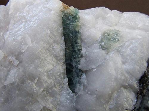 Apatite, Woframite, Arsenopyrite.
Carrock Mine, Carrock Fell, Caldbeck Fells, Cumbria, England, UK.
Apatite crystal 20 mm (Visible part of 45 mm crystal) (Author: nurbo)
