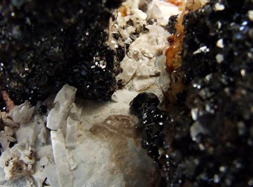 Witherite, Sphalerite, Ankerite, Baryte.
Nentsberry Haggs mine, Alston moor, Cumbria, England, UK.
FOV 35 x 30 mm approx (Author: nurbo)