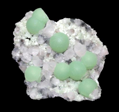 Prehnite and calcite
Upper New Street quarry, Paterson, Passaic County, New Jersey, USA
6.9 x 7 cm
Prehnite spheres to 1.8 cm on calcite (Author: Frank Imbriacco)