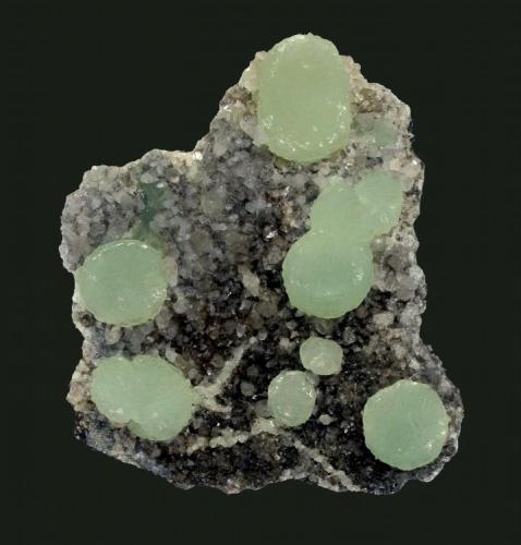 Prehnite and calcite
Prospect Park Quarry, Prospect Park, Passaic County, New Jersey, USA
7.9 x 6.9 cm
Prehnite spheres to 1.7 cm with micro calcite crystals (Author: Frank Imbriacco)