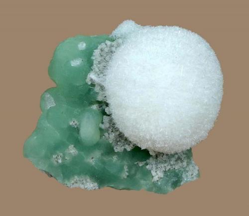 Mesolite
Prospect Park Quarry, Prospect Park, Passaic County, New Jersey, USA
4.8 x 4.4 cm
A 3.3 cm mesolite sphere on prehnite with calcite (Author: Frank Imbriacco)