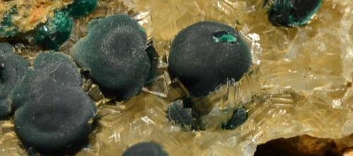 Malaquita sobre dolomita<br />Teresita Mine (Aramo Mine; Texeo Mines), Llamo, Riosa, Comarca de Oviedo, Principality of Asturias (Asturias), Spain<br />Botones de 1 cm.<br /> (Autor: Quexigal)