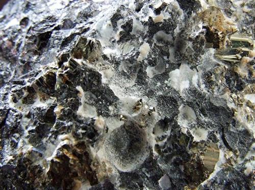 Dolomite on Galena, Pyrite and Chalcopyrite.(Showing the white dusty stuff)
Boldut Mine, Cavnic, Maramures, Rumania.
FOV 20 x 20 mm approx (Author: nurbo)