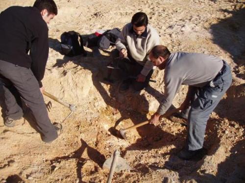 From left to right: Joan, Baltasar and Joan Carles trying to find a geode in a big planar pegmatite. Unluckily the geode didn’t appear!! :( (Author: Sergio)