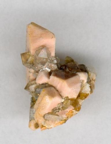 A specimen showing a Baveno twin (left) with two attached small quartz crystals, a non-penetrating Carlsbad twin (front) and an untwinned crystal of microcline. Biggest crystal (Baveno twin) measures 1.5 cm long. David Soler specimen and photo, 2006. (Author: davidsoler)