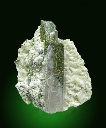 Tabular Barite crystal, partially covered by small crystals of Pyrite. On a Dolomite white crystals matrix. Règia Mine.
Specimen size: 8 x 6 x 1,8 cm.
Jordi Fabre Collection.
Fabre Minerals Photo. (Author: Joan Rosell)