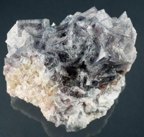 grey Fluorite crystals with dark purple cores and blue outer zones up to 1.7 cm, showing colour change to blue-green in sunlight, dimensions of the specimen: 8 x 6.5 x 4 cm, Shaft 78, Frohnau (Author: Thomas Uhlig)
