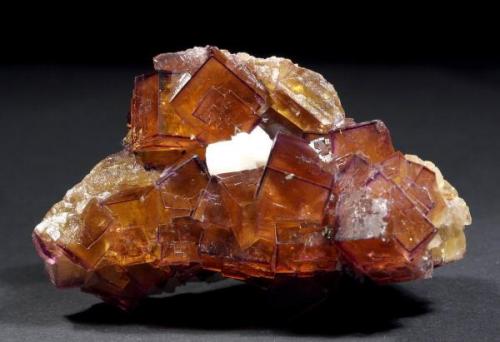 orange-brown  Fluorite crystals with purple zones up to 1.1 cm with Dolomite, dimensions of the specimen: 5.5 x 3.5 x 2.5 cm, Bergmännisch Glück Flacher vein, Frohnau (Author: Thomas Uhlig)