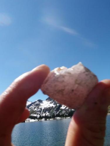 Rose quartz found nearby in boulders loose among talus fields (Author: thecrystalfinder)