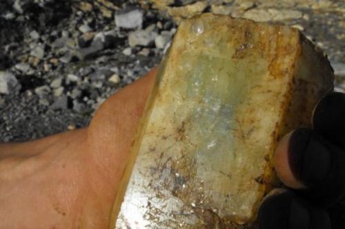 Large beryl crystal I found in dirt at base of pegmatite (Author: thecrystalfinder)