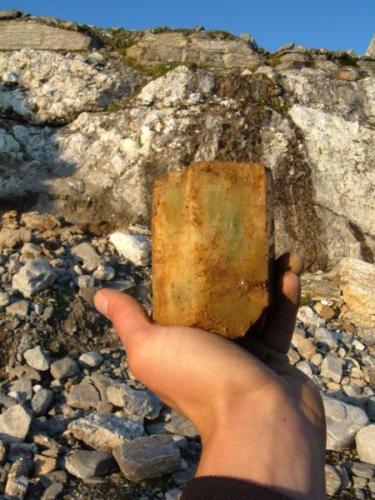 Large beryl crystal I found in dirt at base of pegmatite (Author: thecrystalfinder)