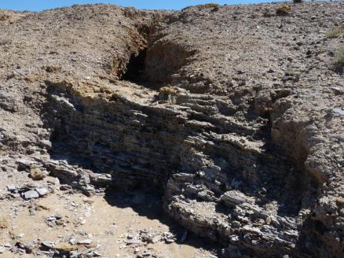 Where the rain washed away softer earth, shale with veins of clear gypsum  are exposed. (Author: Pierre Joubert)