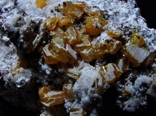 Wulfenite.
Probably  Los Lamentos, Mun de Ahumada, Chihuahua, Mexico.
FOV 30 x 20 mm approx (Author: nurbo)