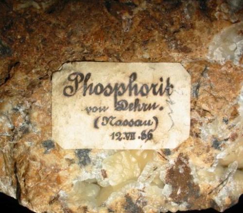 Apatite, var. staffelite
Wilhelmine mine, Dehrn, Nassau, Hesse, Germany.
10 x 9 cm
Same specimen, old label on backside (Author: Andreas Gerstenberg)