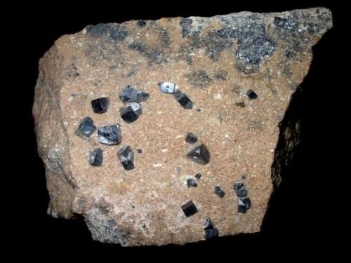 Galena
Bleiberg open pit, Maubach, northern Eifel mountains, Northrhine-Westphalia, Germany.
8,5 x 7 cm
Crystals up to 5 mm. These lustrous cubes are quite rare in that region, most Maubach specimens are corroded. (Author: Andreas Gerstenberg)