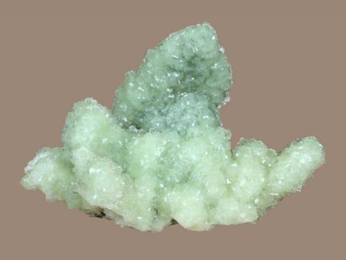 Prehnite
Prospect Park Quarry, Prospect Park, Passaic County, New Jersey, USA
10.3 x 7.2 cm
Prehnite epimorphs after anhydrite covered with lustrous calcite crystals (Author: Frank Imbriacco)