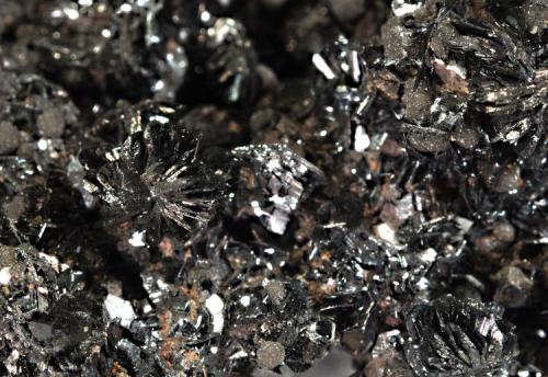 Semseyite
Herja Mine, Baia Mare, Maramures, Romania
5.2 x 6.3 cm. FOV = 1.5 cm.
Numerous platy rosettes of metallic gray semseyite to 4 mm on a matrix of sphalerite and calcite. (Author: crosstimber)