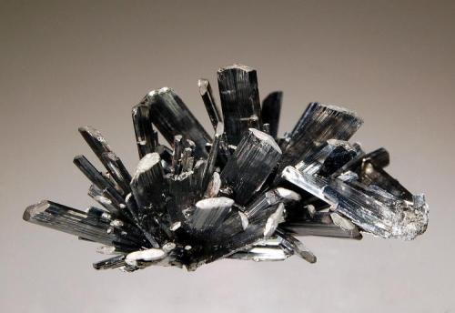 Stibnite
Baia Sprie, Maramures, Romania
4.3 x 5.5 cm.
A divergent cluster of steel gray, striated crystals with low angle terminations. The label that came with this specimen attributed its location to the IPEG mine. While there is no documented mention of this mine in the literature, there were numerous shafts that exploited the large orebody at Baia Sprie, and one of these may have been worked by an exploration company named IPEG which apparently stands for "Intreprinderea de Prospectiuni si Explorari Geologice." (Author: crosstimber)
