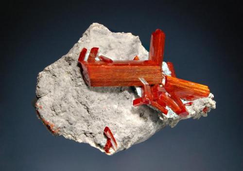 Realgar
No. 5 Mine, Baia Sprie, Maramures, Romania
4.0 x 4.3 cm.
Prismatic realgar crystals with hoppered terminations from the find in Nov./Dec. 2005. (Author: crosstimber)