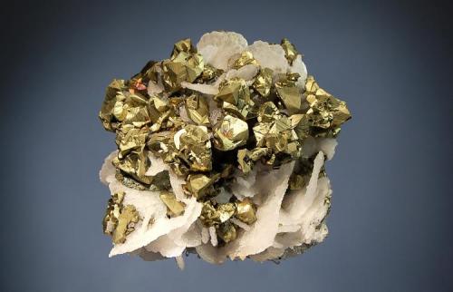 Chalcopyrite
Boldut Mine, Cavnic, Maramures, Romania
6.0 x 6.1 cm.
Ivory-white, wafer-like calcite crystals with brassy, matte-luster chalcopyrite. 
The habit of the calcite is reminiscent of material found in the late 1990s, but this piece was collected in 2005. (Author: crosstimber)