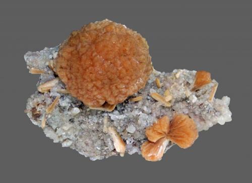 Stilbite
McDowell’s Quarry, Upper Montclair, Essex County, New Jersey, USA
7.3 x 5 cm
3 cm stilbite sphere with micro calcite crystals (Author: Frank Imbriacco)