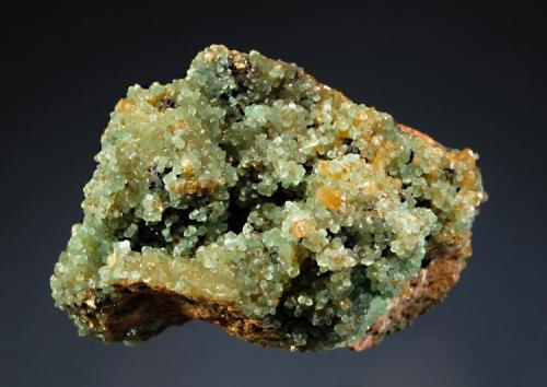 Smithsonite
Tsumeb Mine, Tsumeb, Namibia
4.4 x 6.3 cm.
Botryoidal cuprian smithsonite associated with yellow mimetite. (Author: crosstimber)