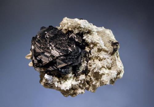 Sphalerite
Nikolaevskiy Mine, Dal’negorsk, Primorskiy Kray, Russia
6.6 x 7.0 cm.
Complex black sphalerite crystal to 3.5 cm featuring lustrous stepped
trigon faces associated with small quartz crystals. (Author: crosstimber)